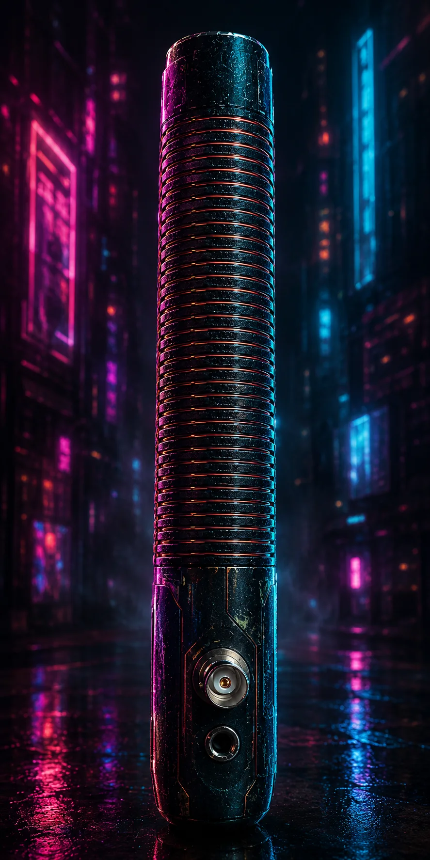 Cyberpunk-styled Hamdo antenna standing in a neon city scene
